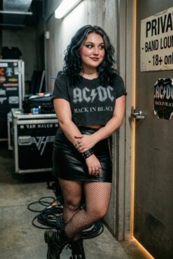 Rock Chick in AC/DC Tee and Fishnets