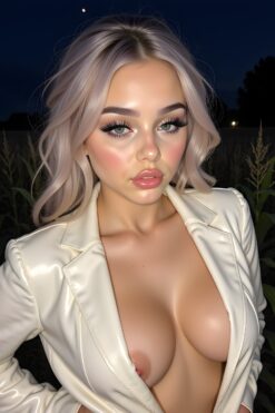 Blonde in Open White Jacket at Night
