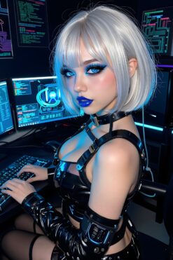 Cyberpunk Femme Fatale at Neon Workstation