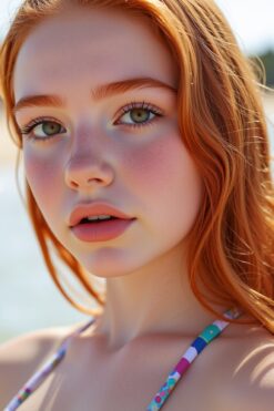 Redhead in Colorful Bikini at Beach