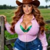 Curvy Redhead Cowgirl in Plaid Shirt and Denim Shorts