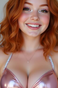 Smiling Redhead in Shiny Pink Lingerie