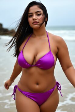 Curvy Brunette in Purple Bikini at Beach