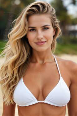 Blonde Bombshell in White Bikini on Tropical Beach