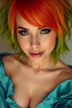 Vibrant Red-Green Haired Glamour in Teal Dress