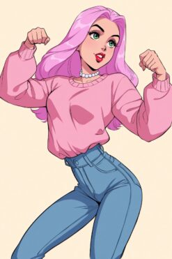 Pink-Haired Girl Flexing in Pink Sweater and Jeans