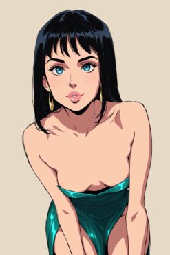 Sultry Black-Haired Beauty in Teal Dress