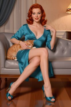 Redhead Pinup with Ginger Cat on Velvet Sofa