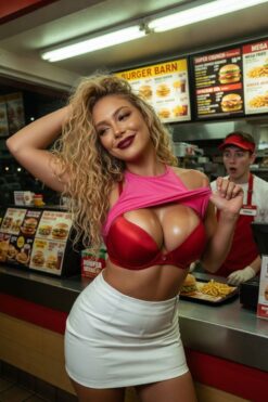 Blonde Bombshell Flashing at Burger Barn Counter