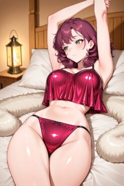 Sultry Redhead in Shiny Lingerie on Bed
