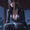 Sultry Black-Haired Woman in Latex Catsuit at Rainy Temple