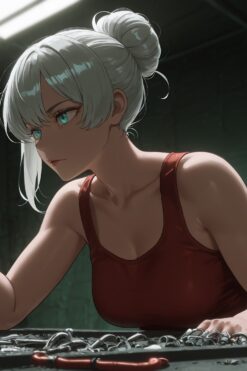 Silver-Haired Woman in Red Tank Top at Workbench