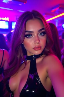Sultry Brunette in Shiny Black Dress at Neon Club