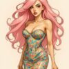 Pink-Haired Glamour Girl in Floral Mini Dress